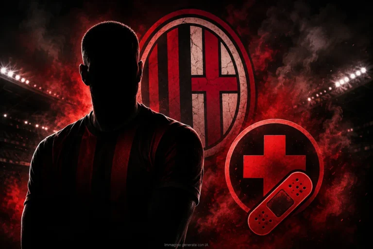 Silhouette di calciatore in maglia rossonera davanti al logo del Milan in atmosfera da stadio