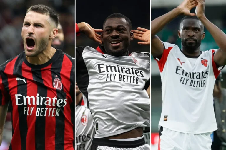 Gimenez, Fofana e Tomori esultano con la maglia del Milan in un collage di tre foto