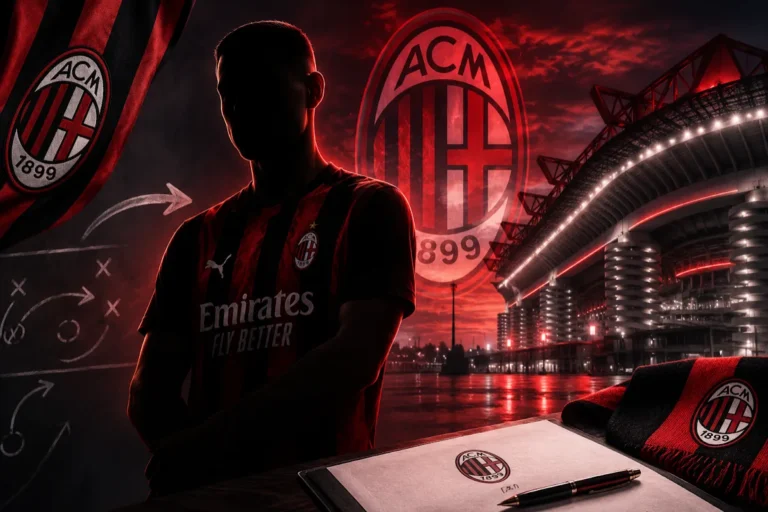 Silhouette di un giocatore in maglia Milan con Emirates davanti allo stadio San Siro illuminato di rosso