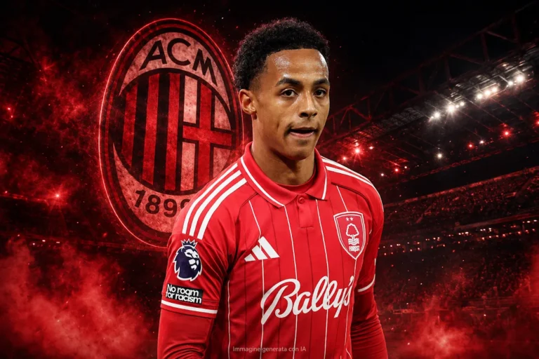 Hutchinson in maglia rossonera del Milan con logo ACM illuminato sullo sfondo