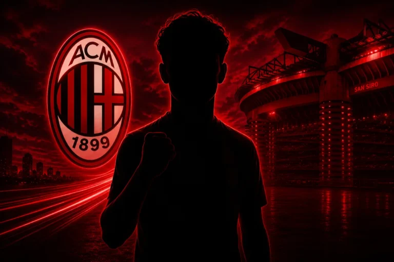 Silhouette di giocatore con logo ACM Milan e stadio San Siro illuminati in rosso neon