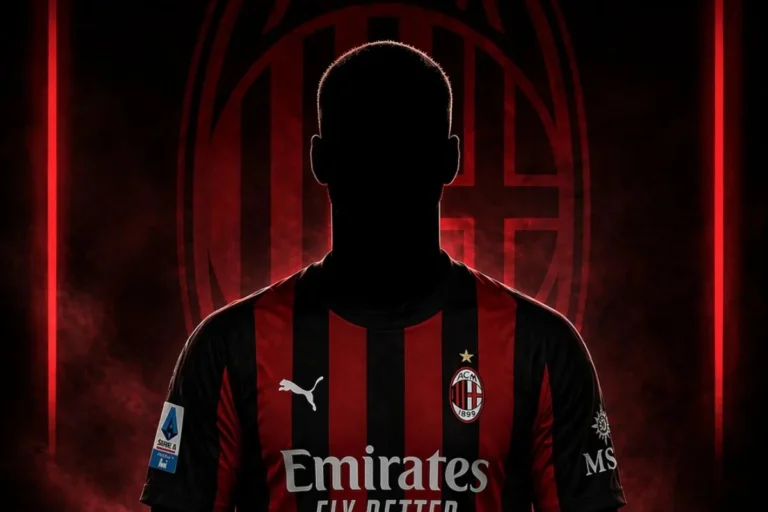 Silhouette di giocatore del Milan in maglia rossonera con sponsor Emirates, sfondo rossonero sfumato