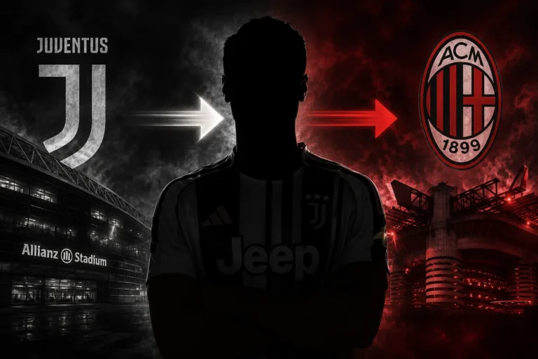 Grafica di mercato con trasferimento da Juventus a Milan, silhouette giocatore tra loghi e stadi