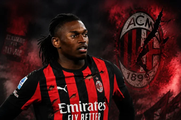 Rafael Leao in maglia AC Milan rossonera con Emirates, sguardo concentrato verso sinistra e logo ACM sullo sfondo