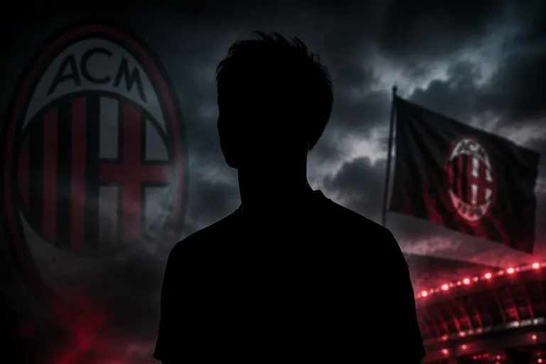 Silhouette di giocatore con bandiere del Milan e stadio illuminato sullo sfondo