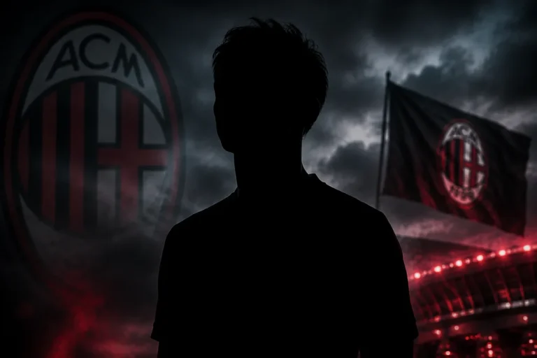 Silhouette di un giocatore davanti ai loghi del Milan con bandiere rossonere e stadio sullo sfondo