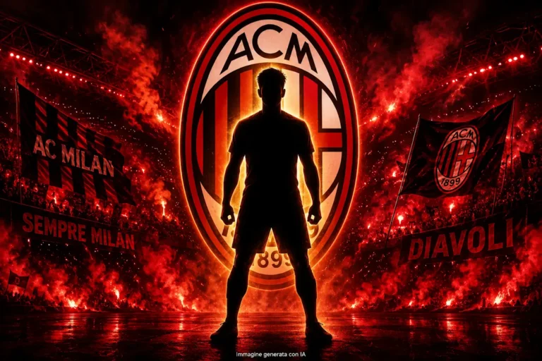 Silhouette di giocatore in posizione atletica davanti al logo AC Milan illuminato in rosso, con bandiere rossonere e atmosfera da stadio