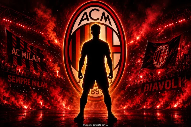 Silhouette di calciatore in posizione atletica davanti allo stemma dell'AC Milan con stadio illuminato e bandiere rosse