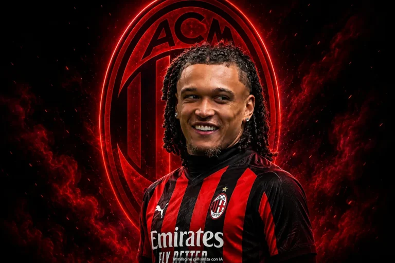 Diego Moreira in maglia Milan, sorridente, con lo stemma del club rossonero illuminato sullo sfondo