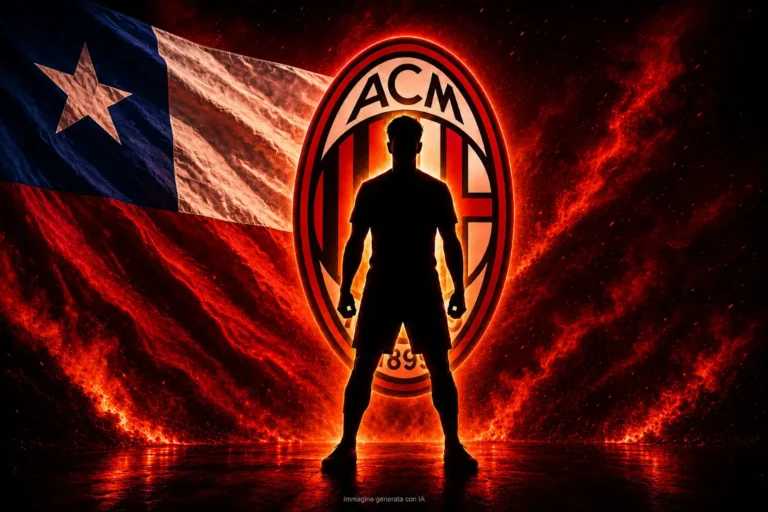 Silhouette di giocatore in posizione atletica davanti al logo dell'AC Milan con bandiera cilena sullo sfondo