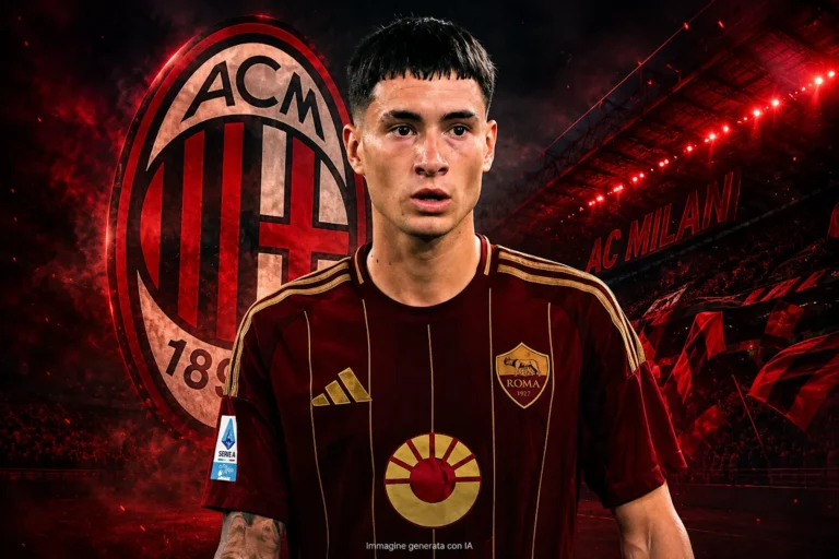 Matias Soulé in maglia Roma con stemma ACM Milan sullo sfondo, immagine grafica