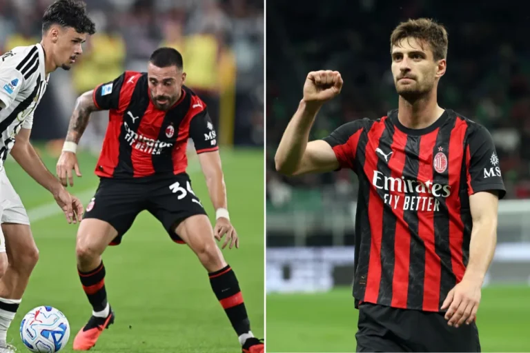 Davide Calabria in azione durante una partita del Milan, indossa la maglia rossonera a righe con sponsor Emirates