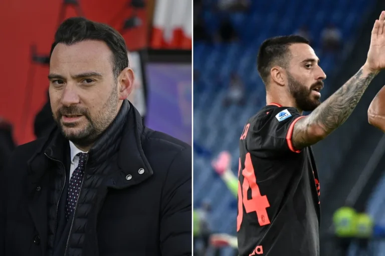 Due immagini affiancate: a sinistra un uomo in giacca scura con barba corta in primo piano, a destra un calciatore con maglia